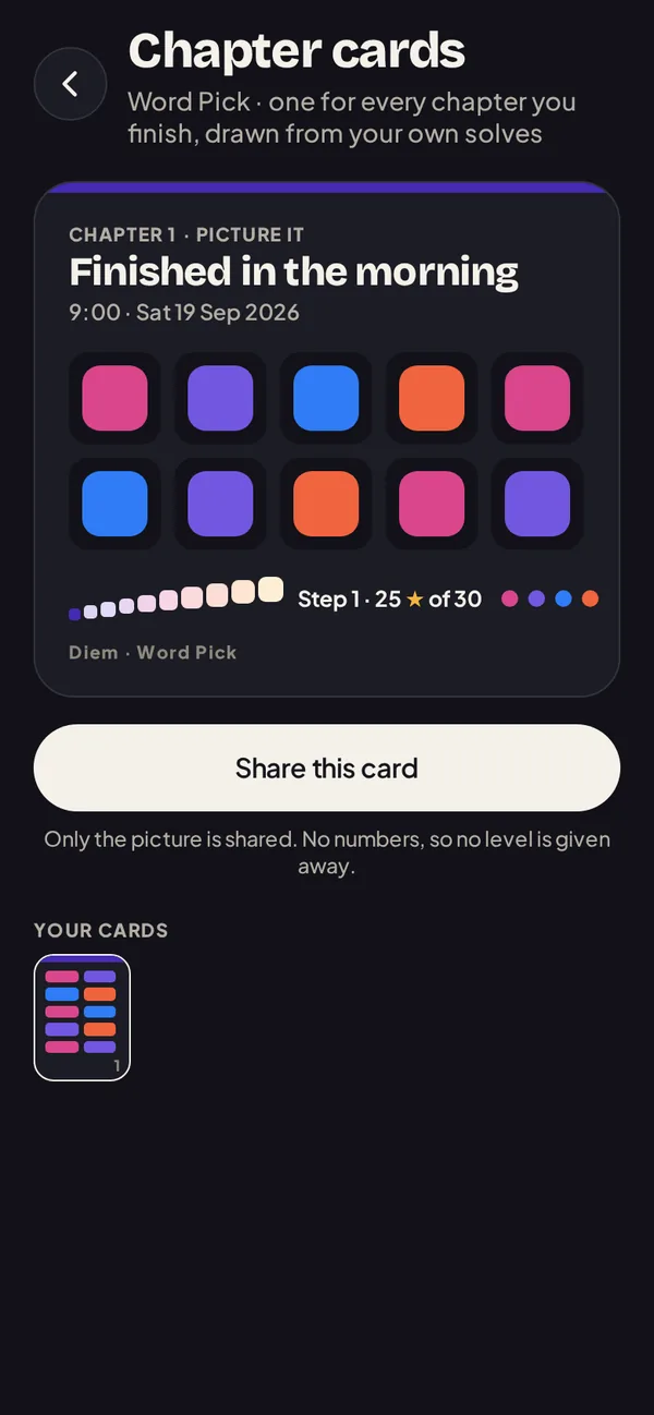 A chapter card for Word Pick, drawn from the ten levels of chapter 1
