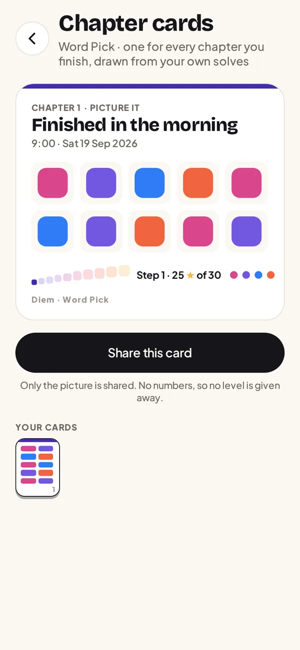 A chapter card for Word Pick, drawn from the ten levels of chapter 1