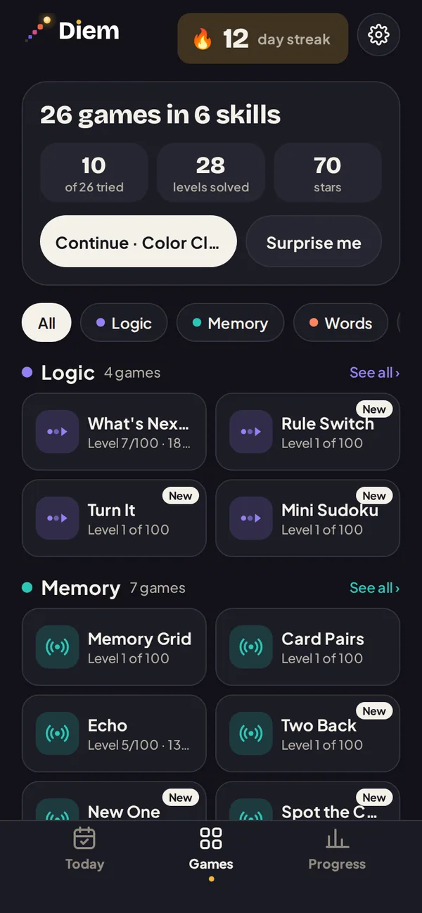 The Games screen: games grouped by skill, with the level reached in each