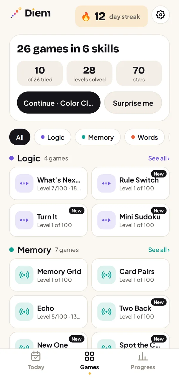 The Games screen: games grouped by skill, with the level reached in each