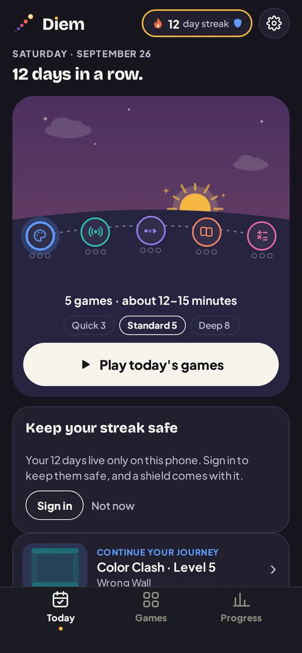 Diem's Today screen: a 12 day streak, the week, and today's five games
