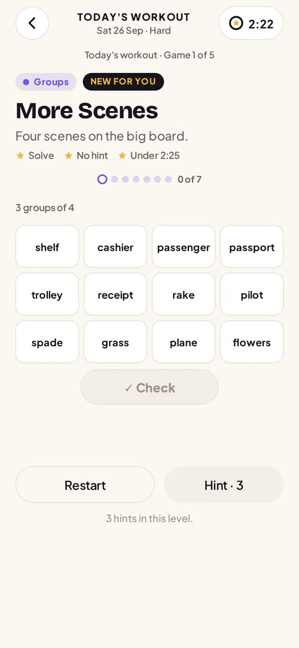 A game in today's workout: Word Pick, sorting twelve words into groups